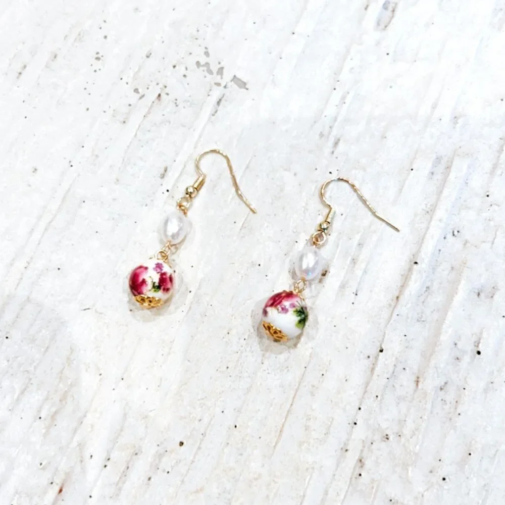 flower pearl drop earrings  H134